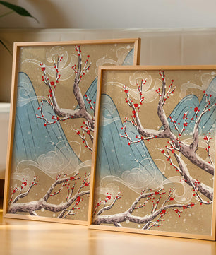 Traditional Japanese landscape with blooming cherry branches