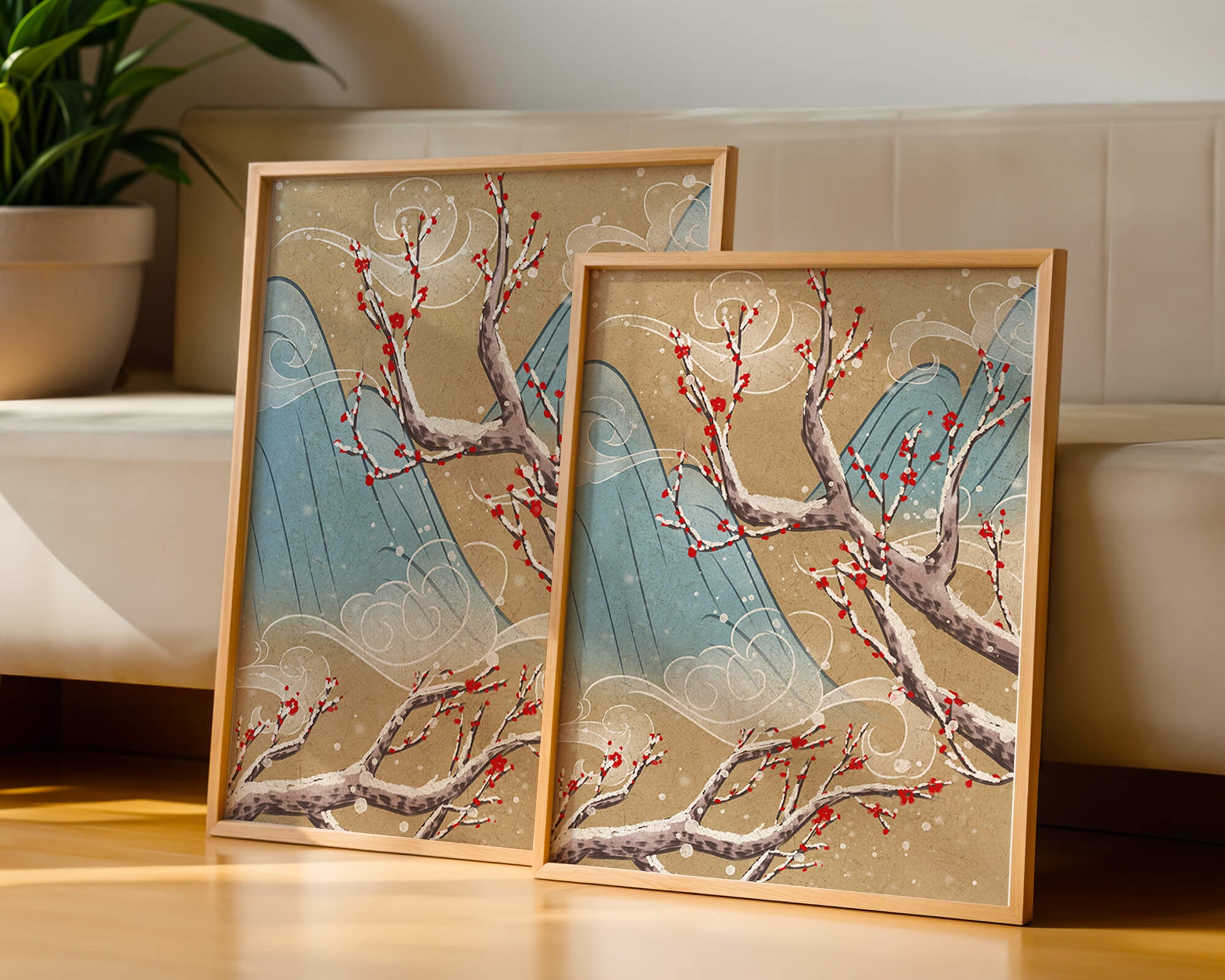 Traditional Japanese landscape with blooming cherry branches