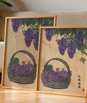 Basket Of Grapes With Vine Leaves In Traditional Style