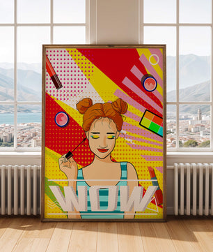 Ilustración de arte pop vibrante con una niña sonriente con maquillaje colorido y patrones audaces