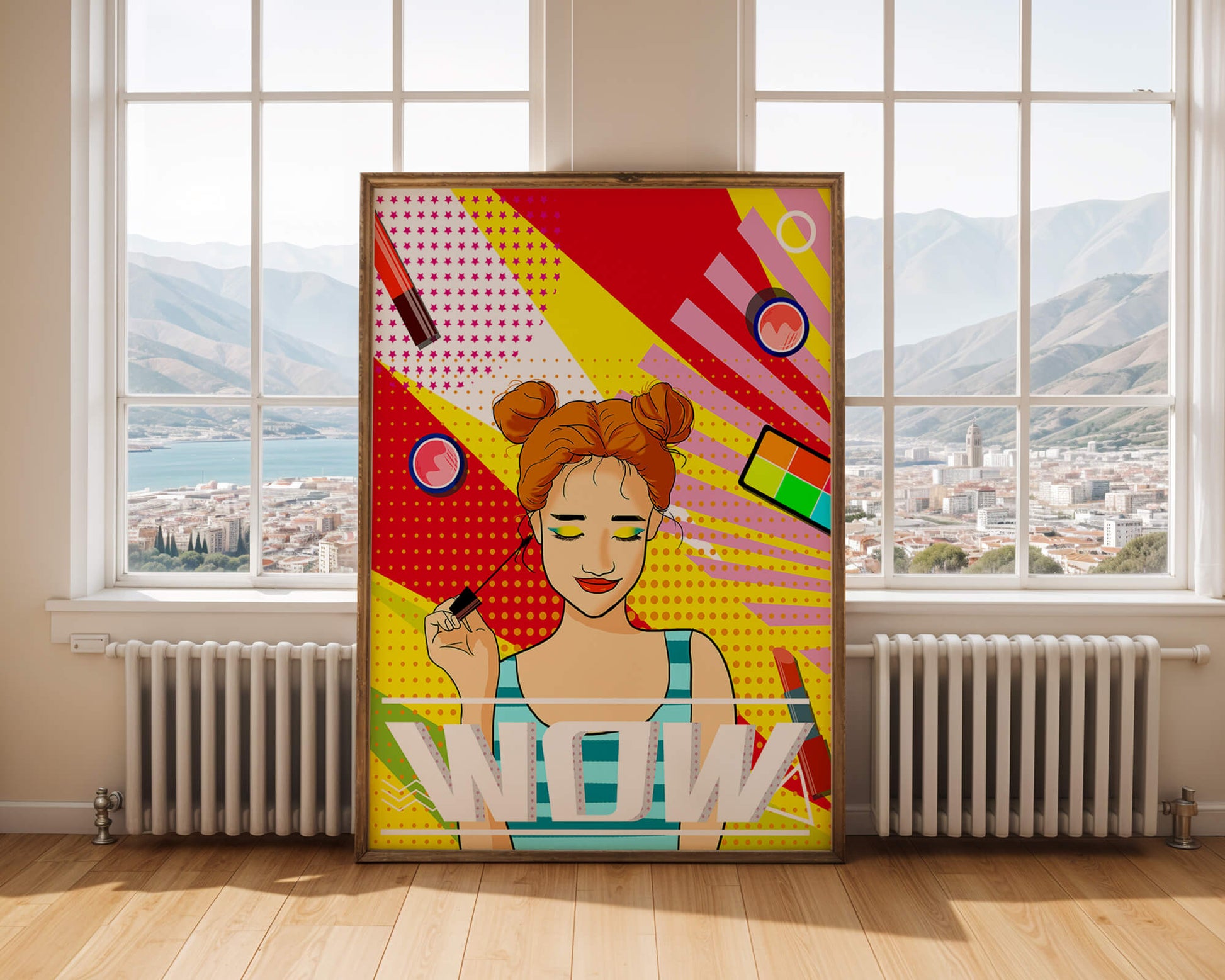Ilustración de arte pop vibrante con una niña sonriente con maquillaje colorido y patrones audaces