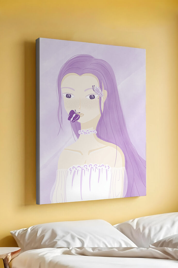 Illustration of a woman with purple hair and butterflies