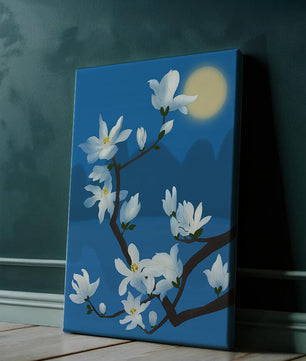 White magnolia branch under moonlight with blue background