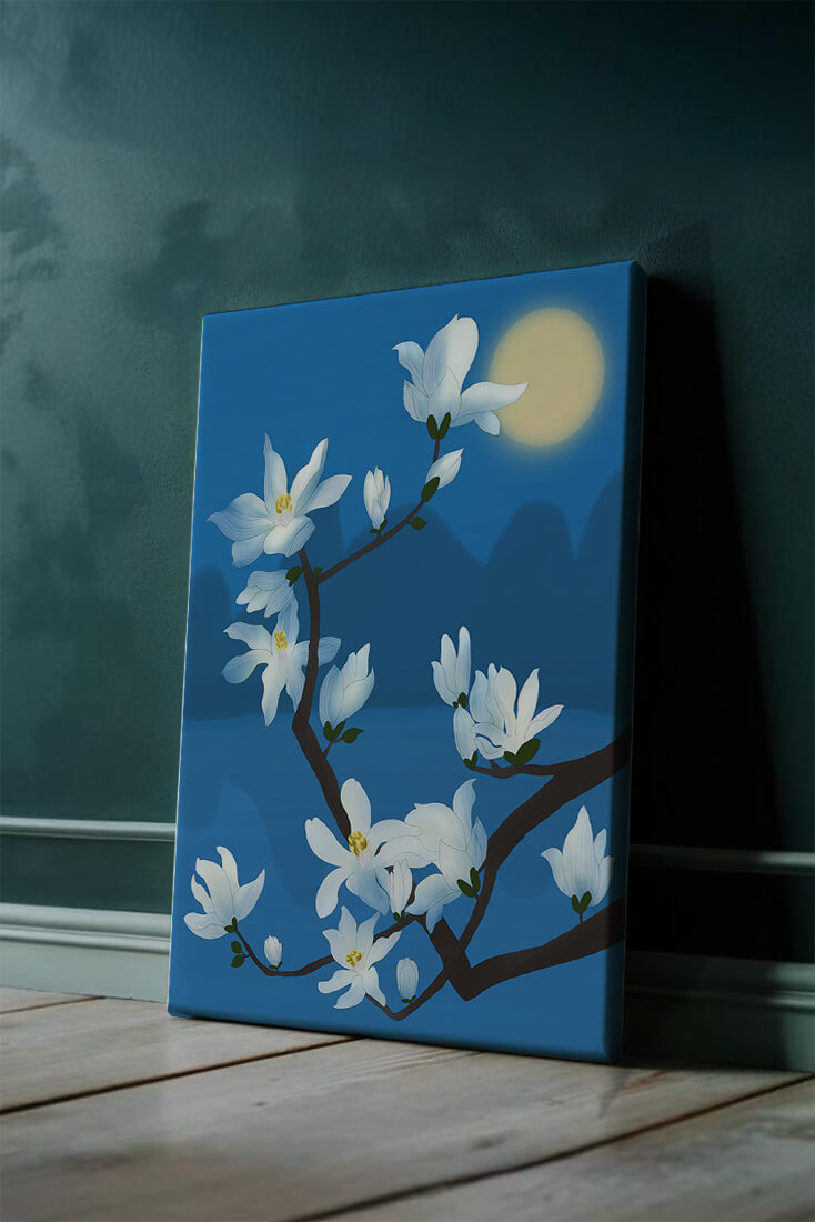 White magnolia branch under moonlight with blue background