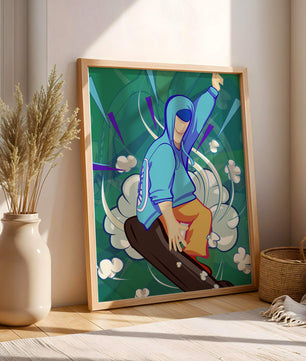 Ilustración abstracta colorida de una persona en movimiento con tonos azules y verdes
