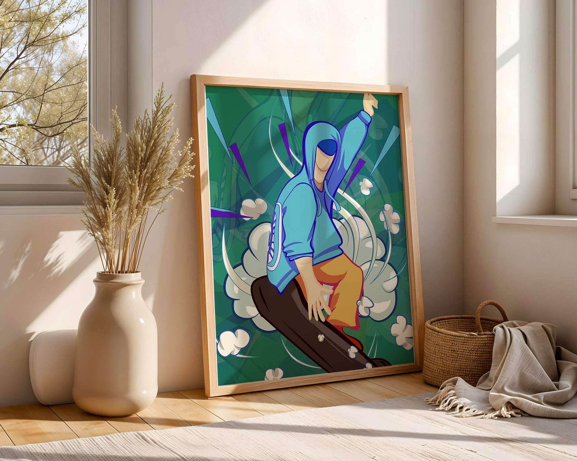 Ilustración abstracta colorida de una persona en movimiento con tonos azules y verdes