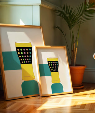 Colorful abstract illustration of a pint glass with dotted pattern