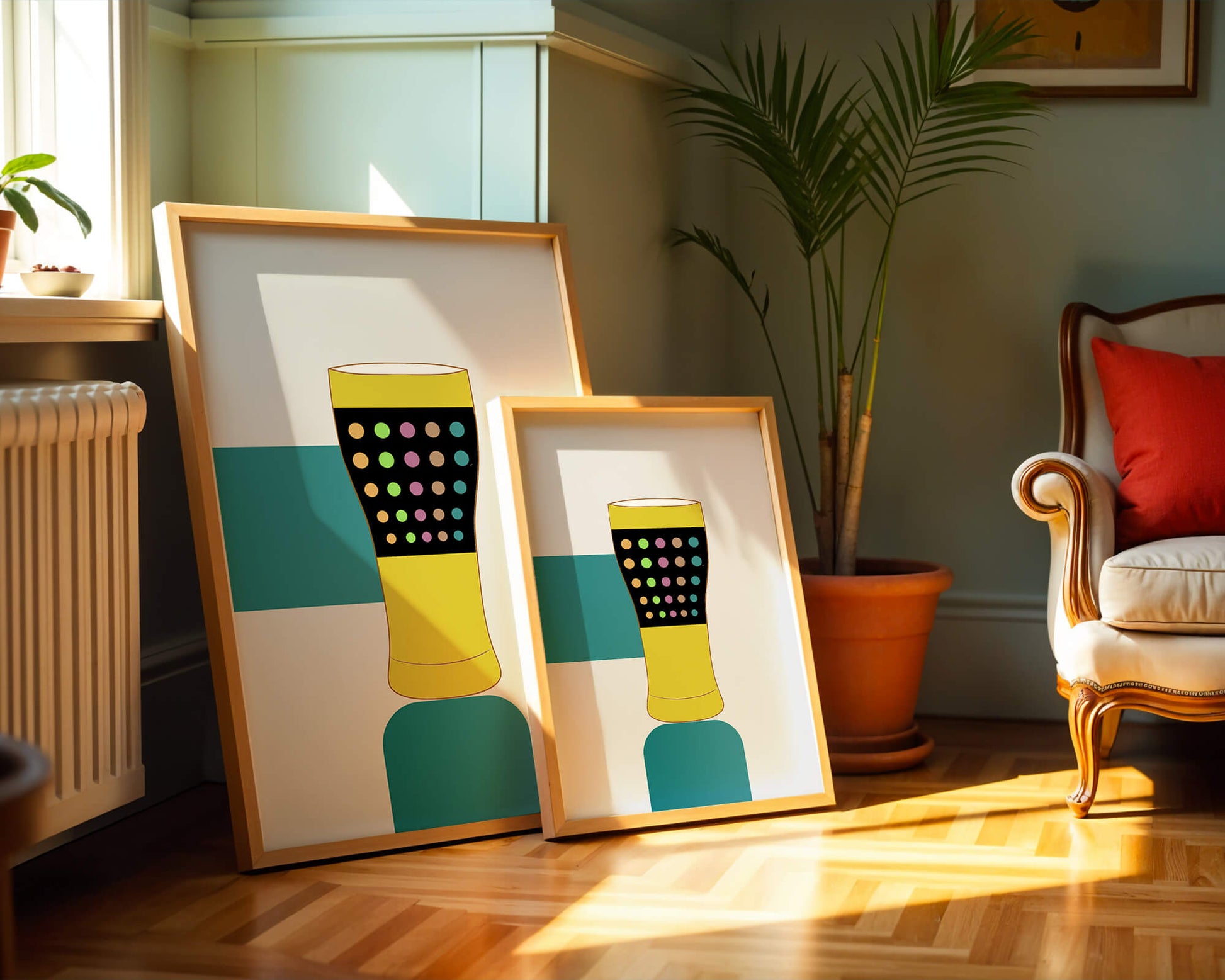Colorful abstract illustration of a pint glass with dotted pattern