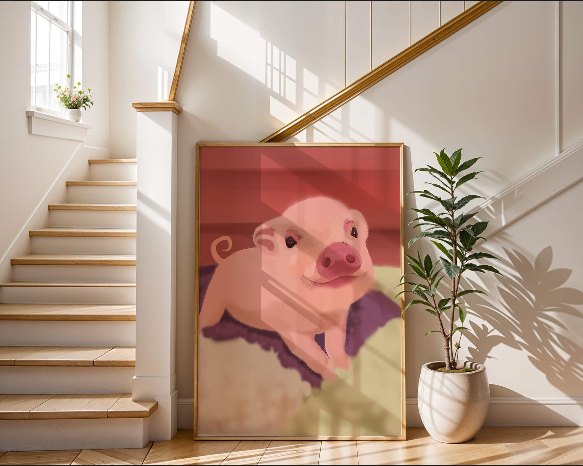Una encantadora ilustración de un lindo cerdito con un fondo cálido.