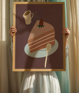 Ilustración de una porción de pastel con fresa y café