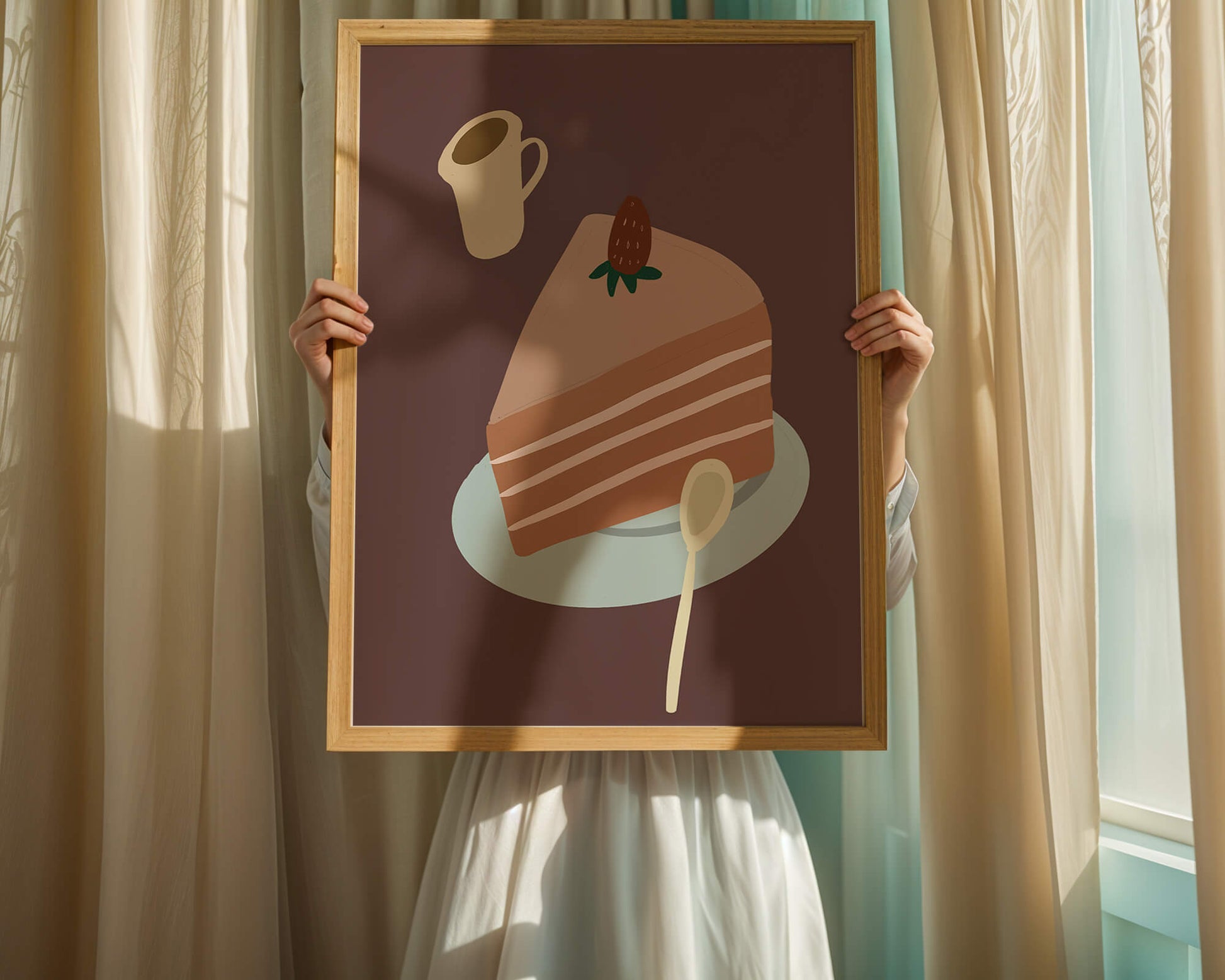 Illustration of a cake slice with strawberry and coffee