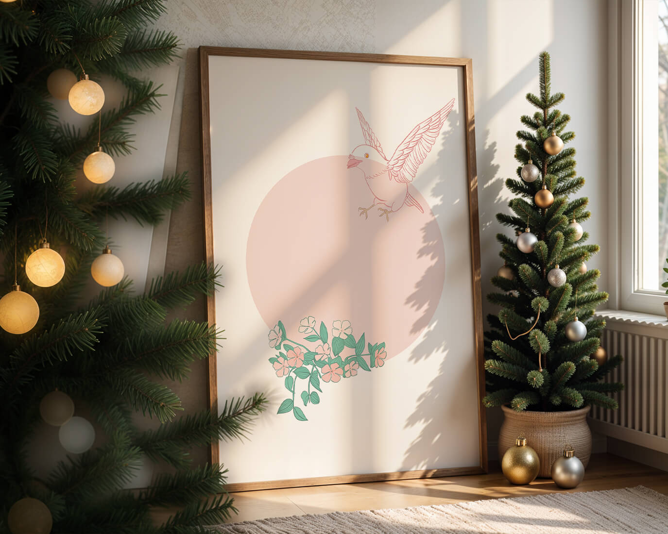 Pájaro pastel con elementos florales en estilo minimalista