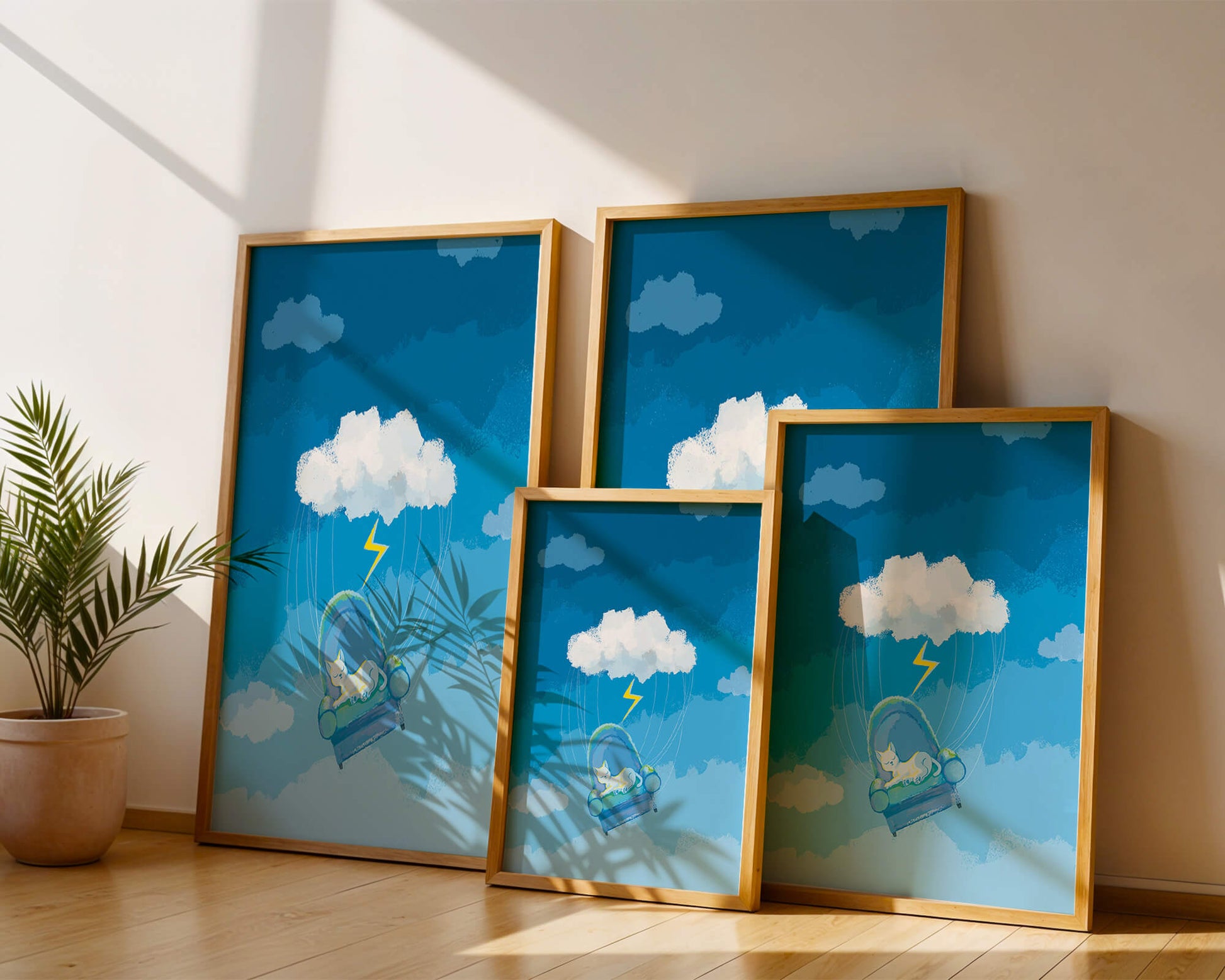 Dreamy Cat on a Floating Armchair in a Surreal Cloudy Sky