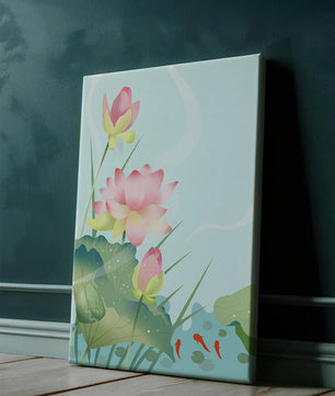 Loteo de flores de loto ilustrativas con hojas y peces koi en un estanque sereno
