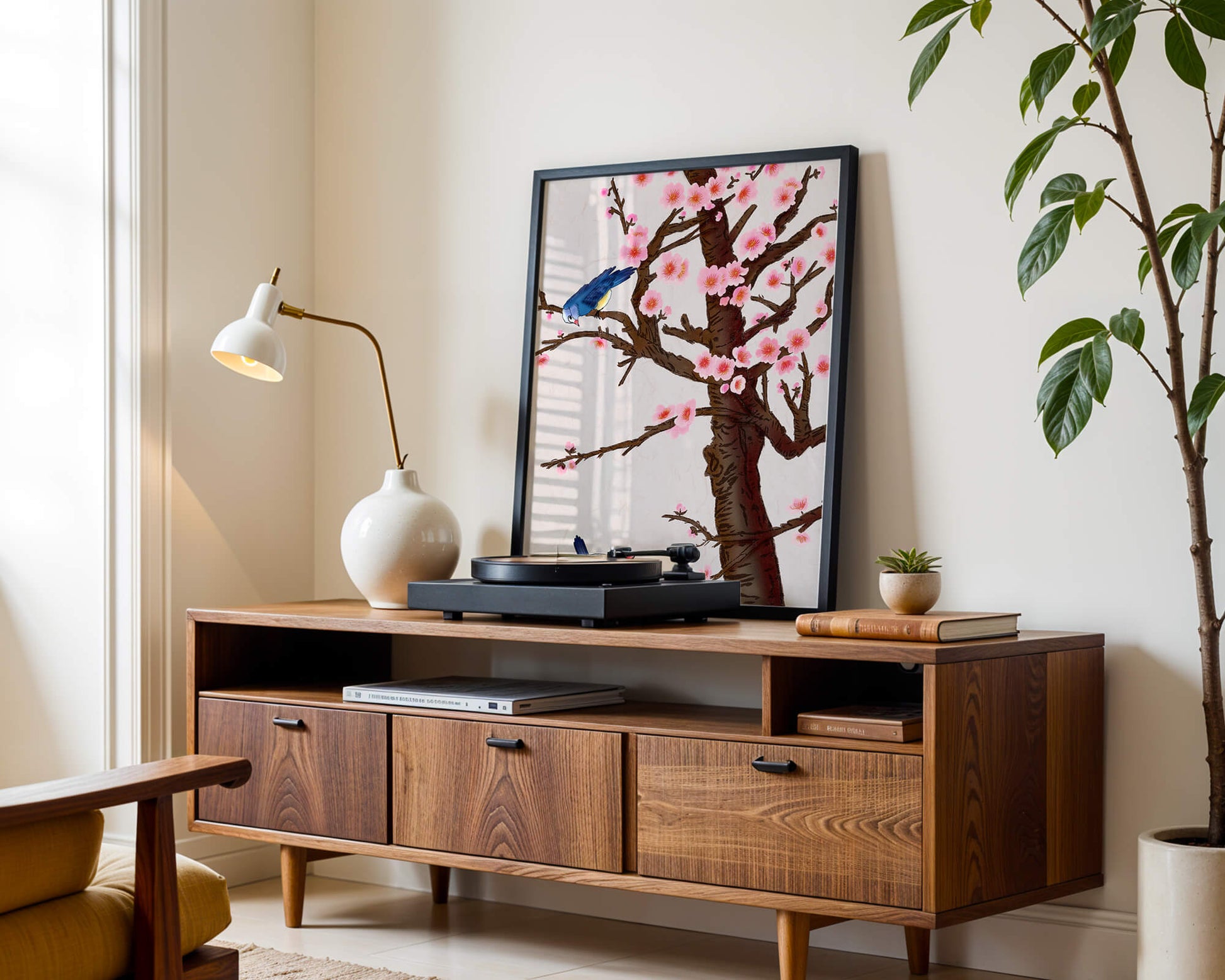 Charming illustration of cherry blossom tree with birds