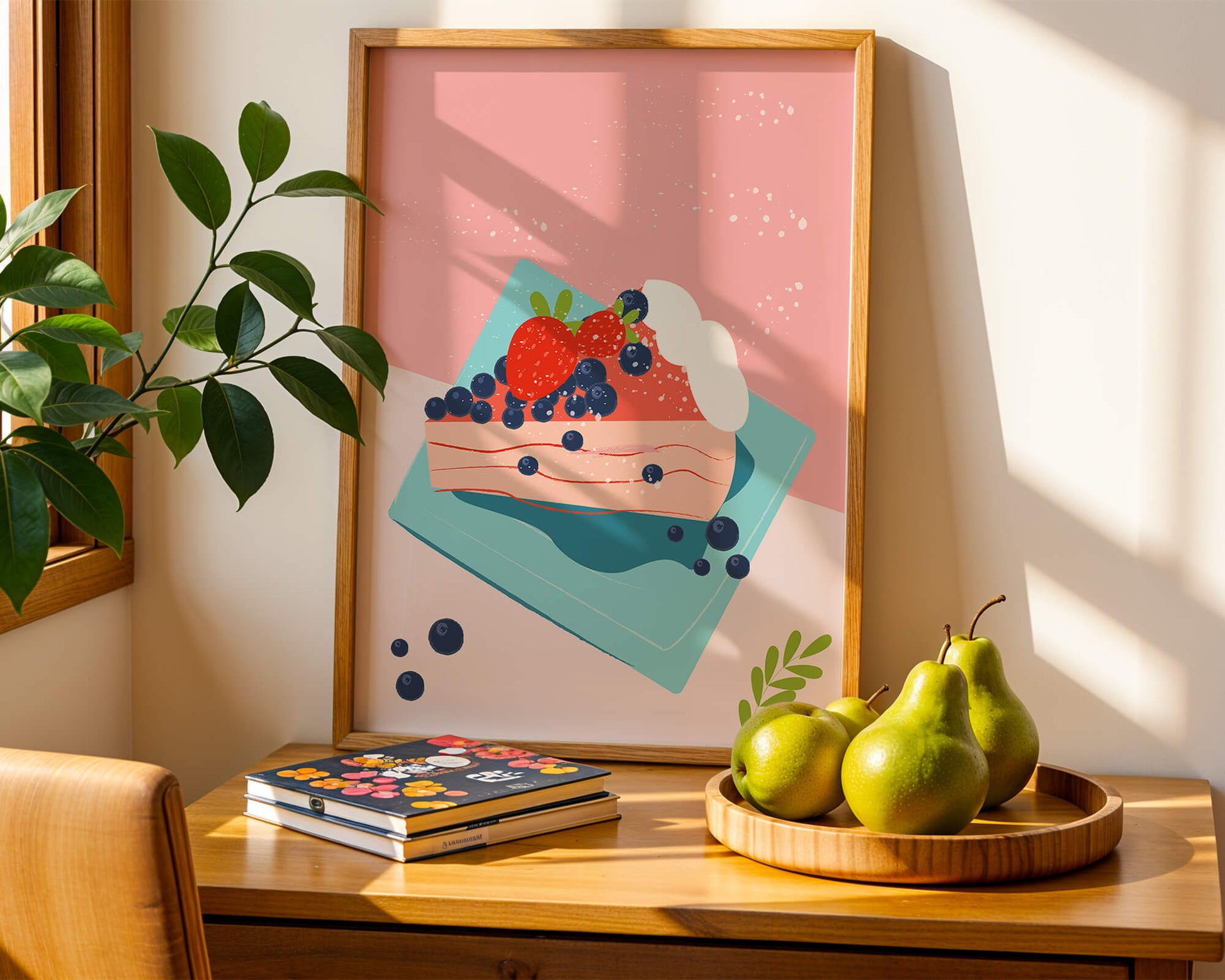 Bunte Dessertillustration mit Erdbeeren und Blaubeeren auf pastellfarbenem Hintergrund