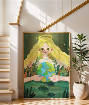 Illustration de la nature paisible avec une figure céleste tenant la Terre