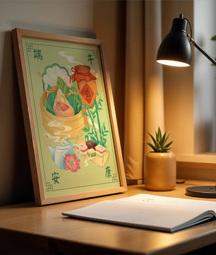 Illustration de nourriture festive chinoise mettant en scène des zongzi traditionnels et un service à thé