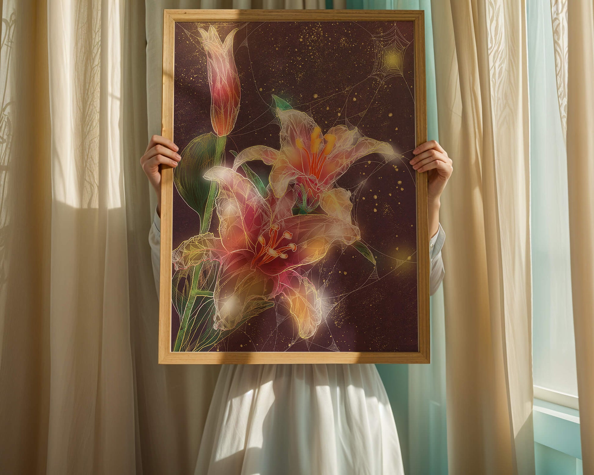 Elegant Floral Composition with Intricate Details and Golden Accents
