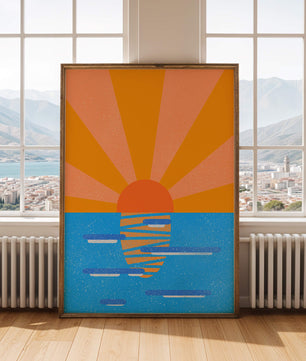 A vibrant sunrise illustration over the ocean with colorful rays