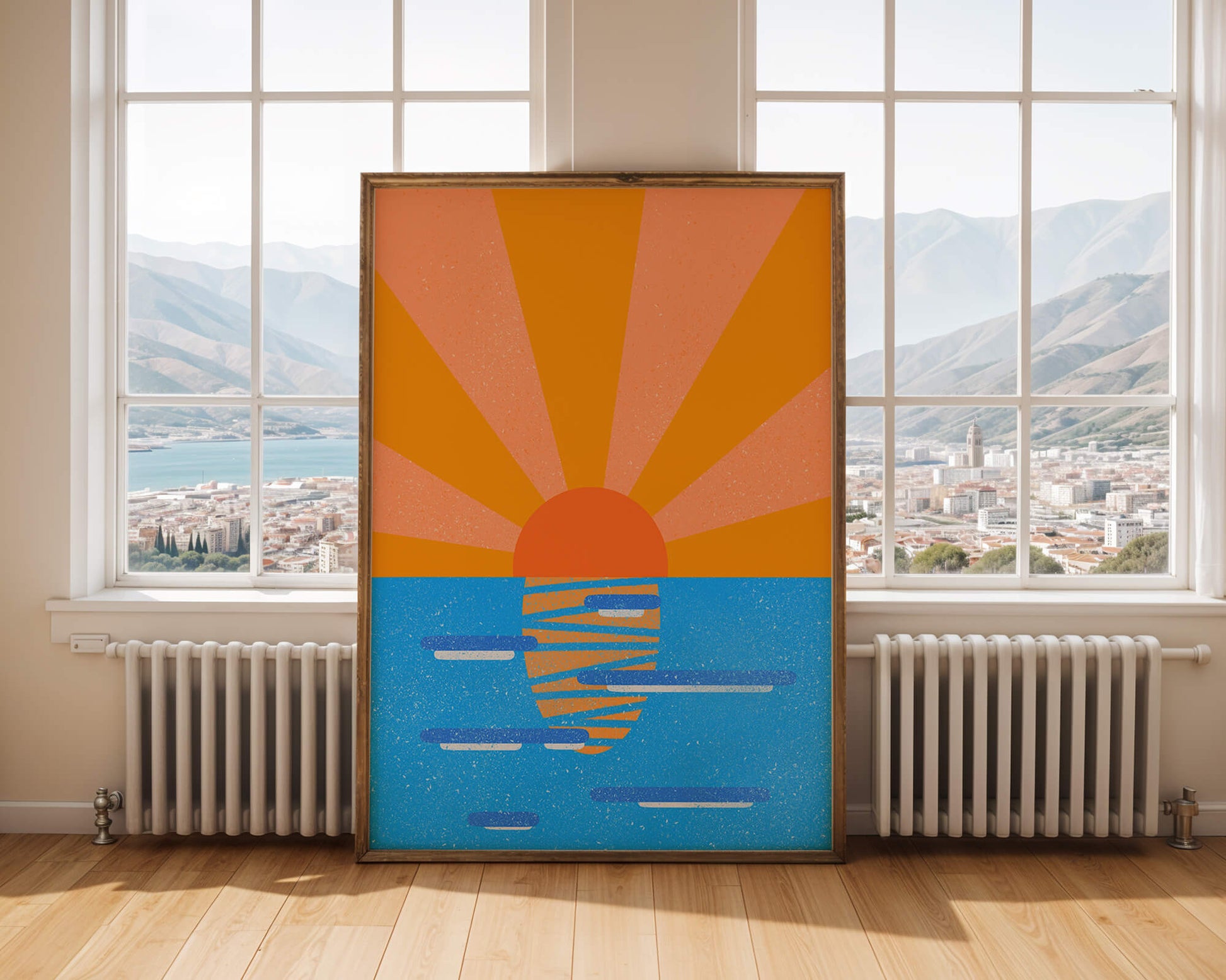 A vibrant sunrise illustration over the ocean with colorful rays