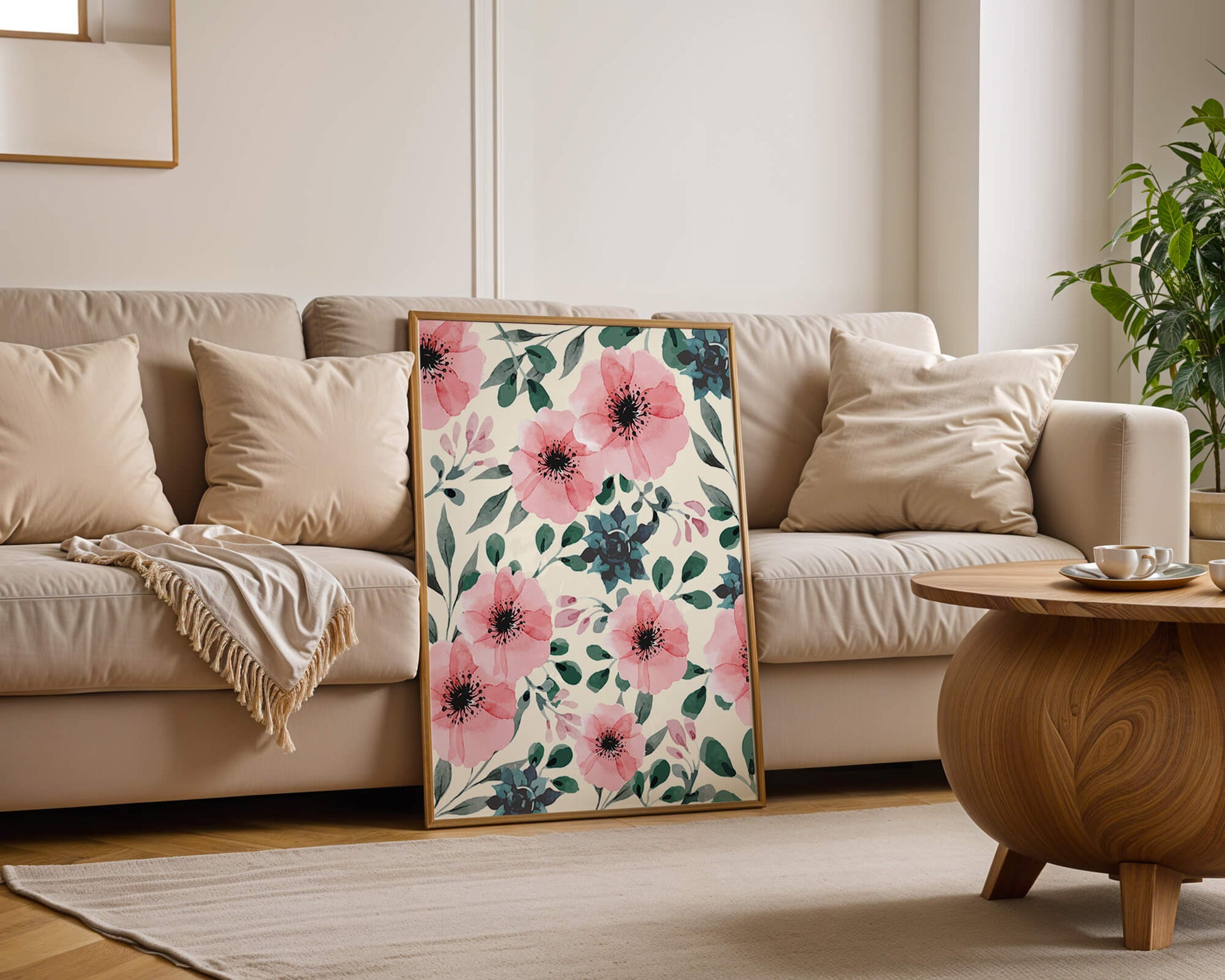 Floral Watercolor Pattern with Pink Flowers and Green Leaves
