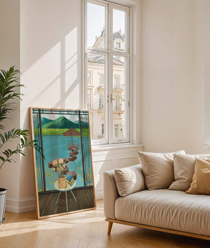 Scenic view from a room overlooking a tranquil water garden with stepping stones and mountains