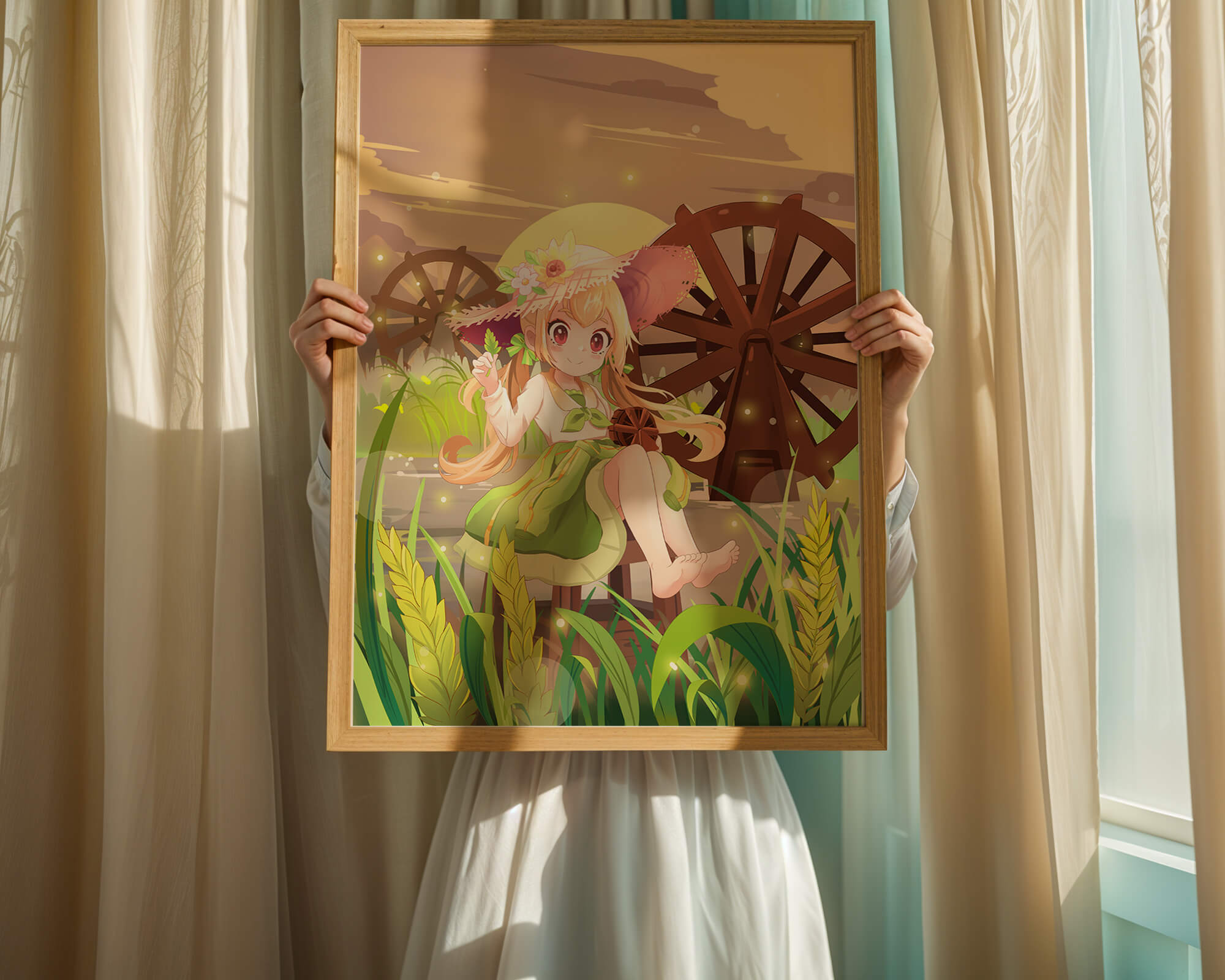 Enchanted countryside scene with a cute character and vibrant nature