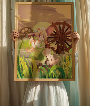 Enchanted countryside scene with a cute character and vibrant nature