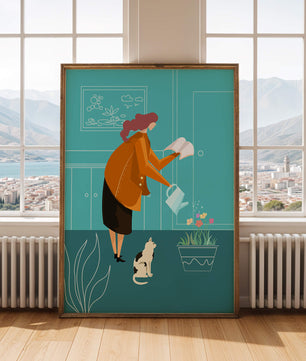 Mujer regando flores con un gato en un interior moderno