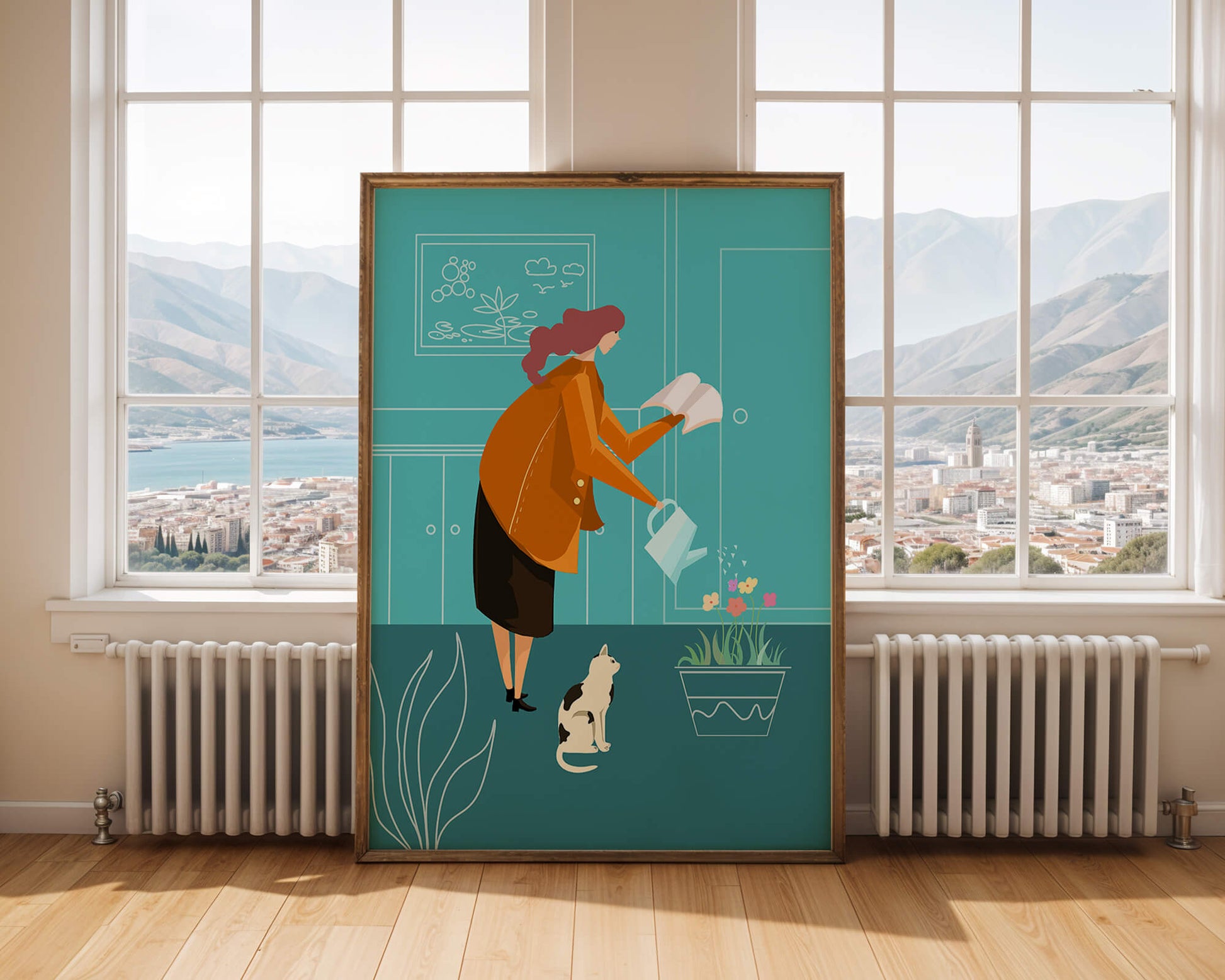 Mujer regando flores con un gato en un interior moderno