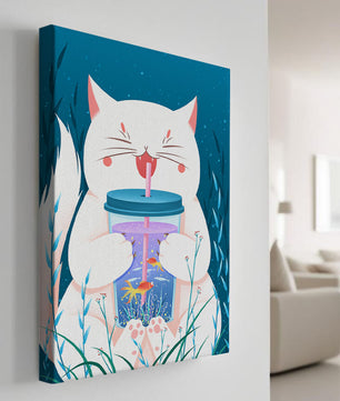 Playful cat with a fish tank tumbler in the underwater scene illustration
