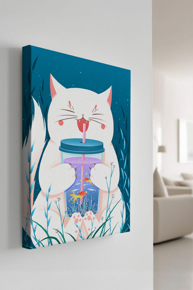 Playful cat with a fish tank tumbler in the underwater scene illustration