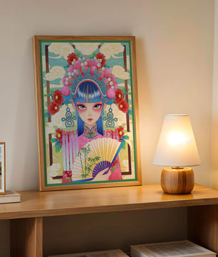 Ilustración elegante inspirada en el arte asiático con tocado elaborado y motivos florales