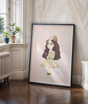 Ilustración encantadora de una niña con vestido y sombrero floral