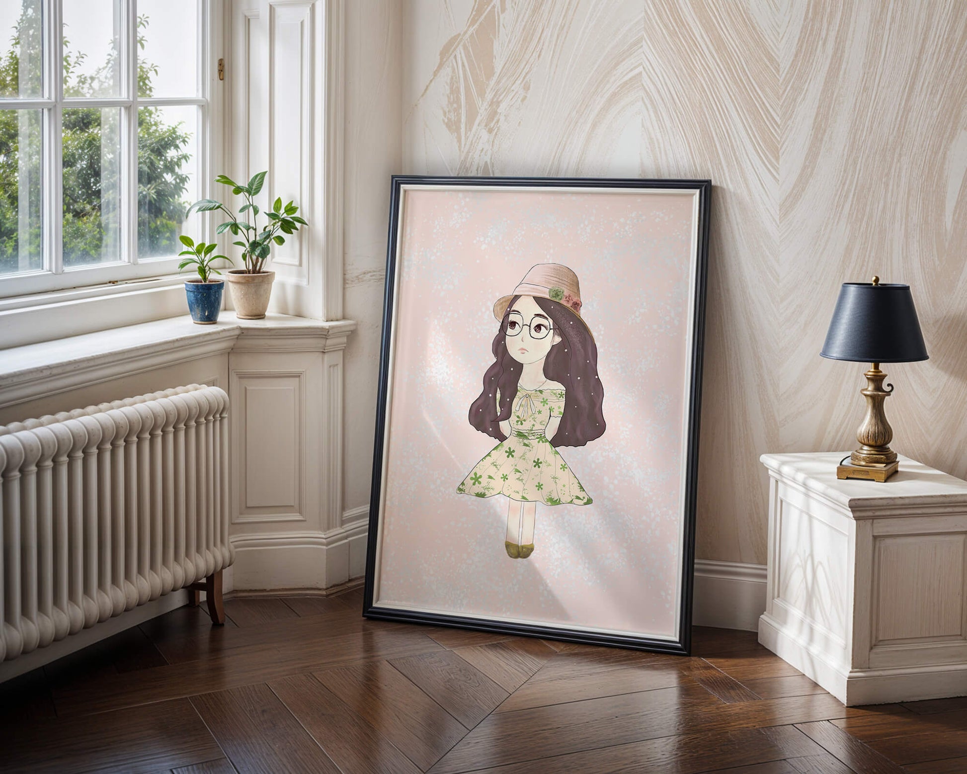 Charming illustration of a girl in a floral dress and hat