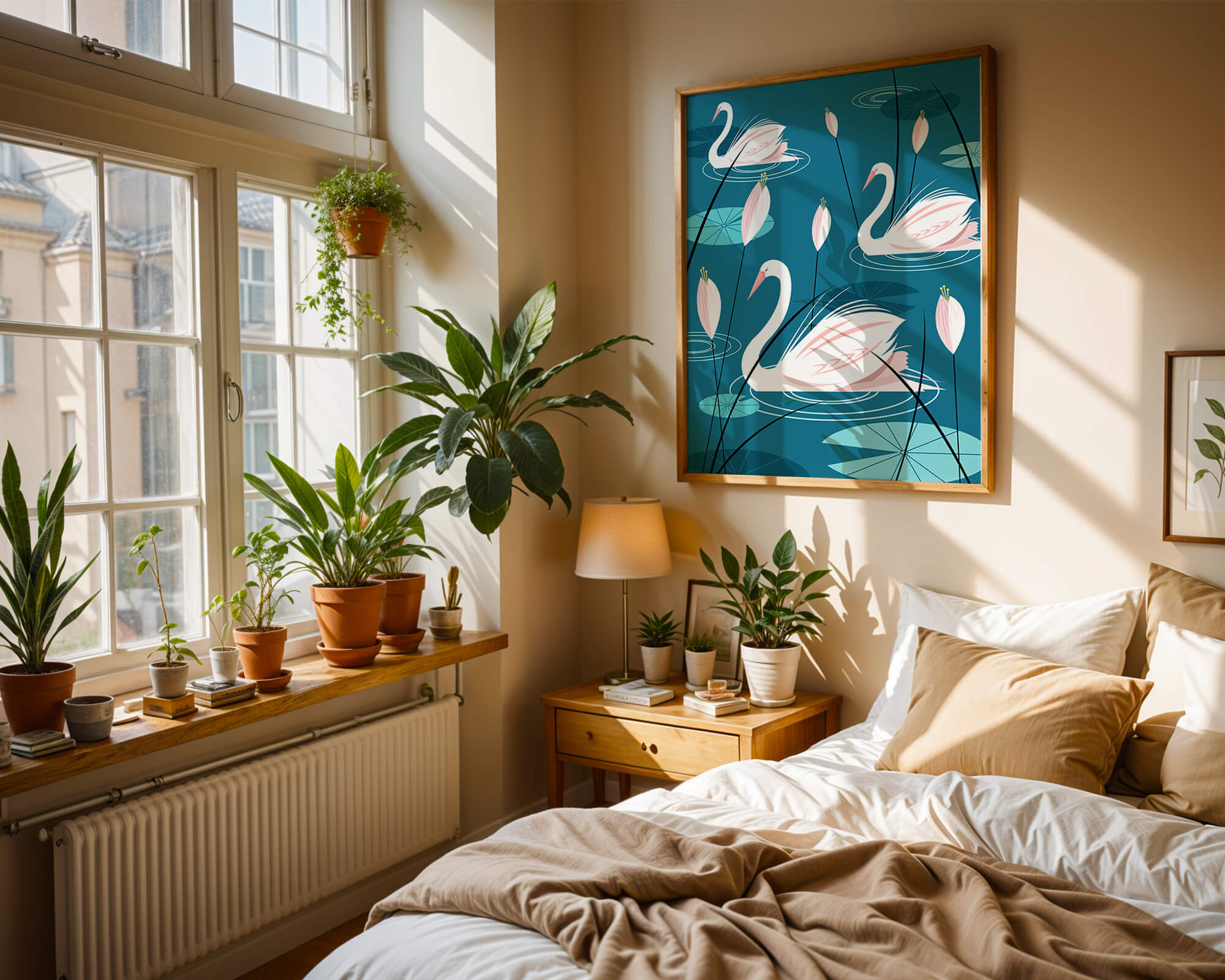 Serene illustration of swans gracefully gliding on a pond with lily pads