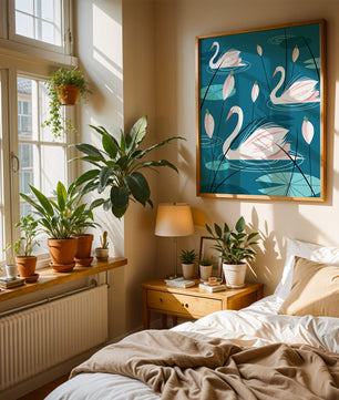 Serene illustration of swans gracefully gliding on a pond with lily pads