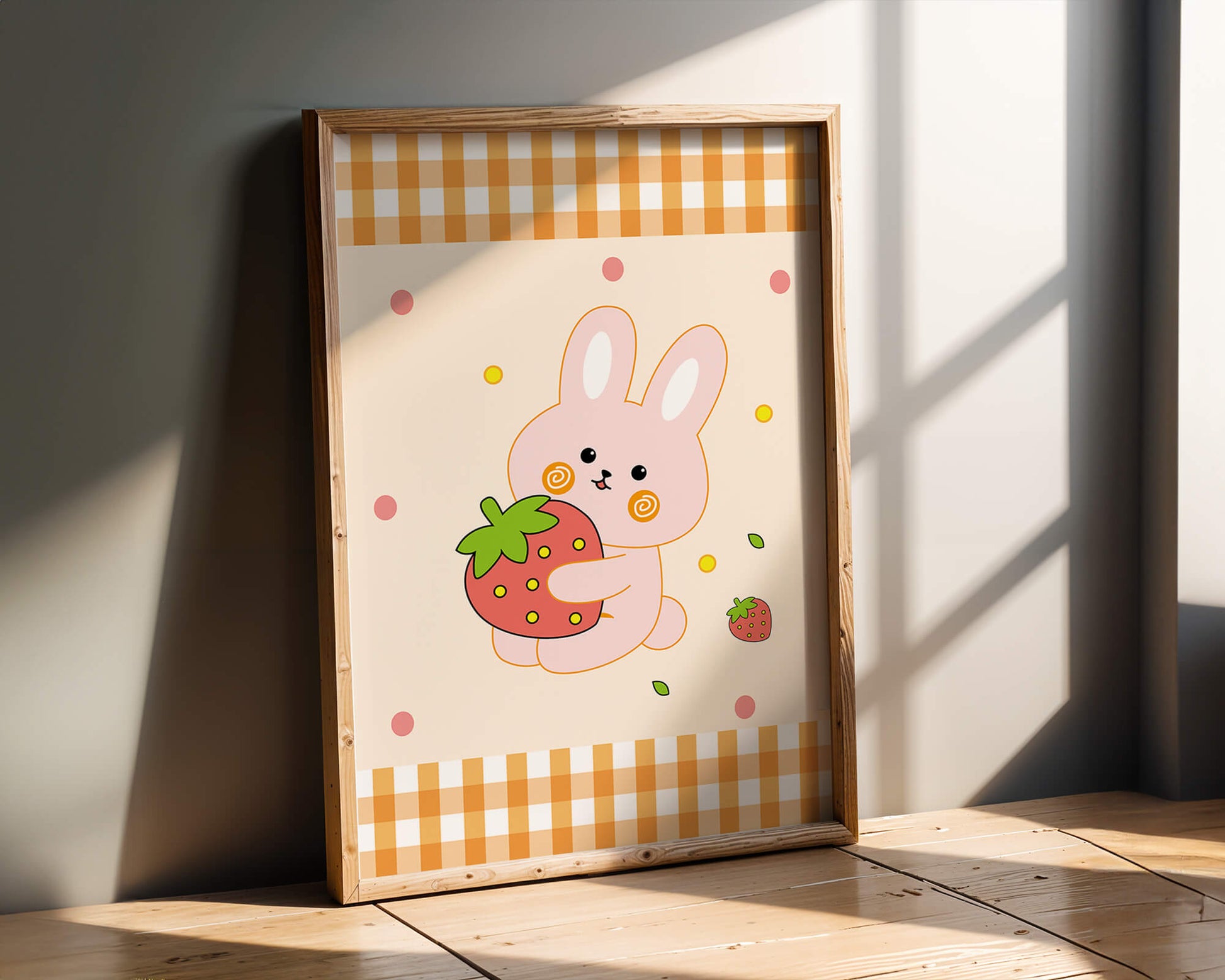 Adorable bunny holding strawberry illustration with gingham pattern