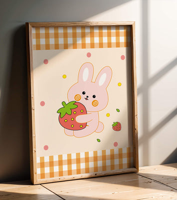 Adorable bunny holding strawberry illustration with gingham pattern