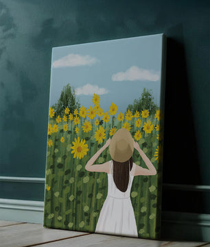 Mujer con vestido blanco admirando un campo de girasoles