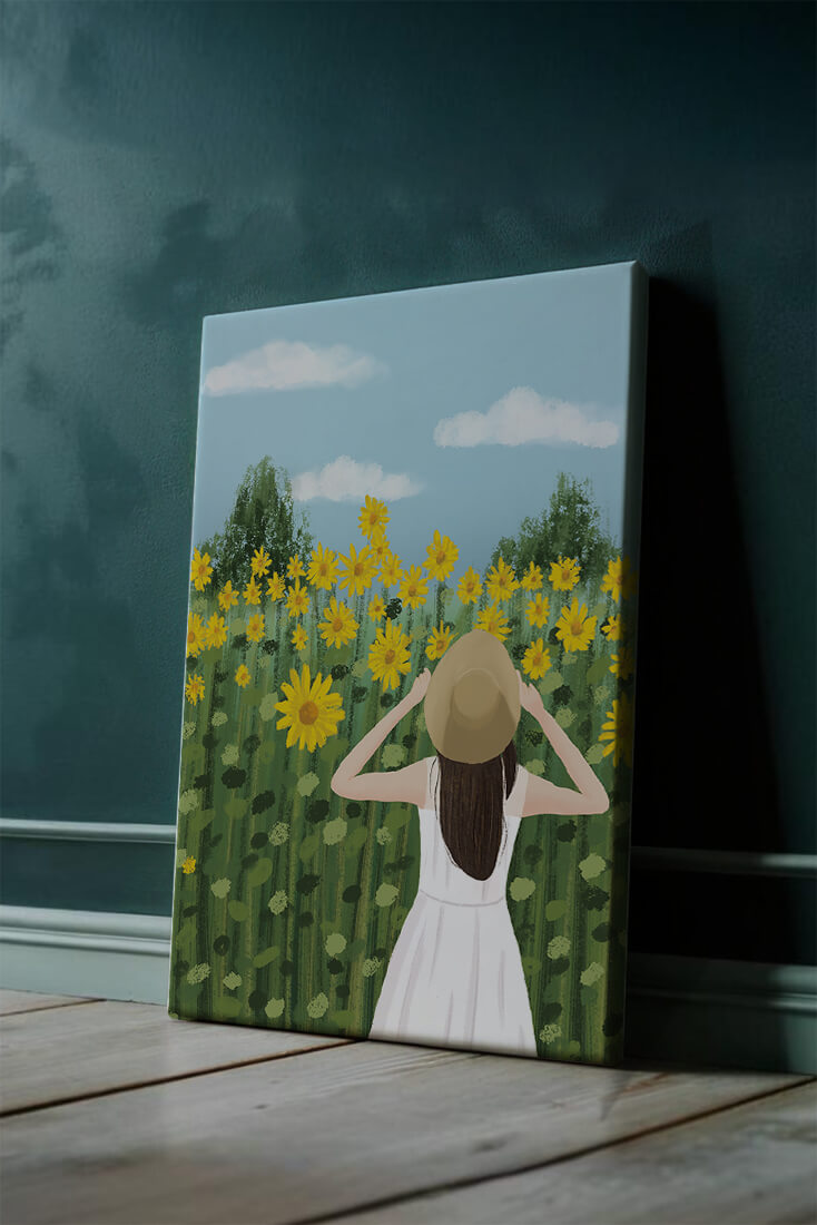 Mujer con vestido blanco admirando un campo de girasoles