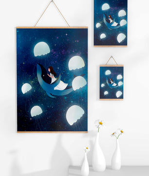 Dreamlike scene of a girl riding a whale among jellyfish in space