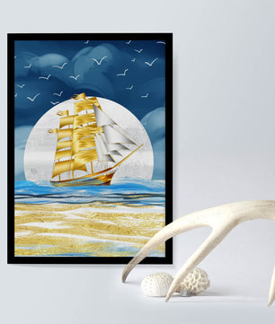 Navire à voile doré sur la mer avec des mouettes et un horizon bleu