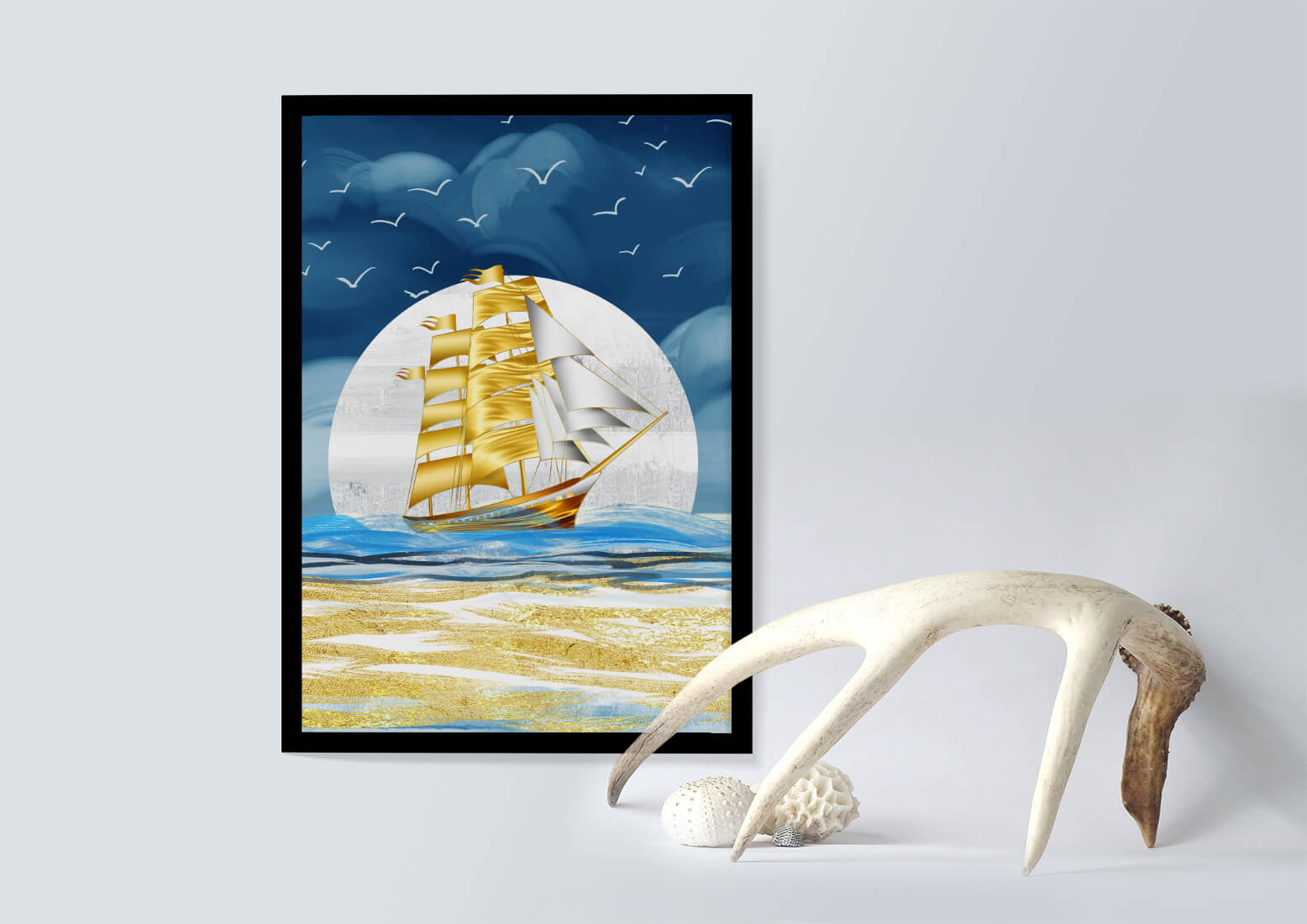 Golden Sailing Ship on the Sea with Seagulls and Blue Horizon