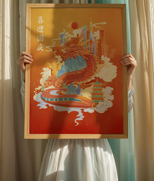 Illustration d’un dragon coloré et d’une ville avec des pagodes et des montagnes