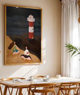 Peaceful Beach Scene with Lighthouse at Night