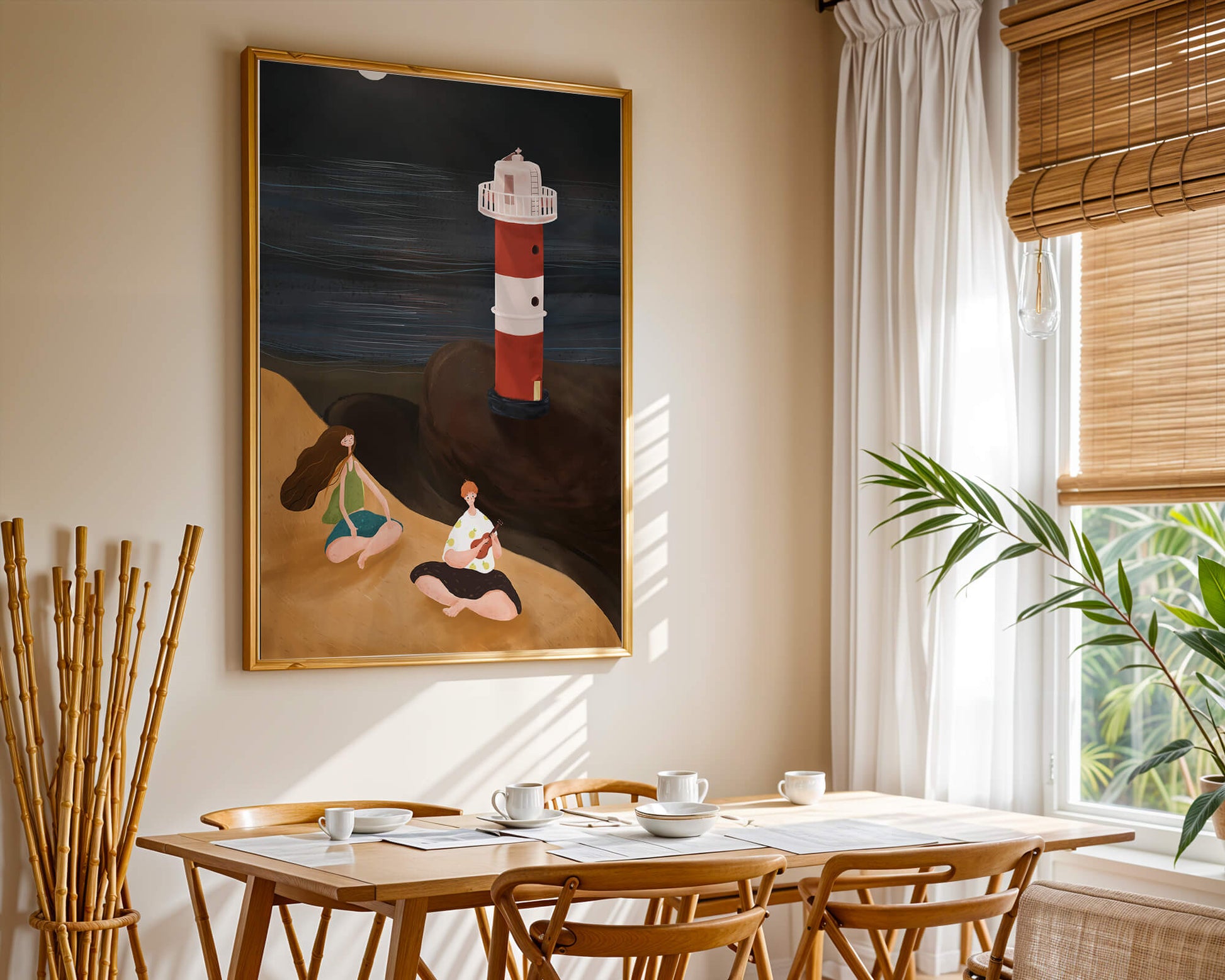 Escena de playa tranquila con faro por la noche