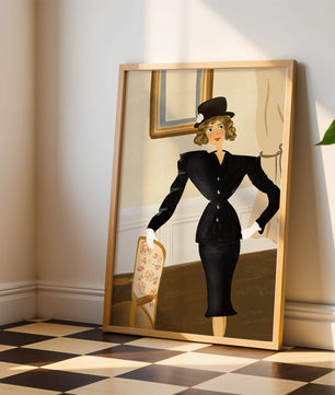 Elegant Woman in Vintage Fashion with Black Suit and Hat