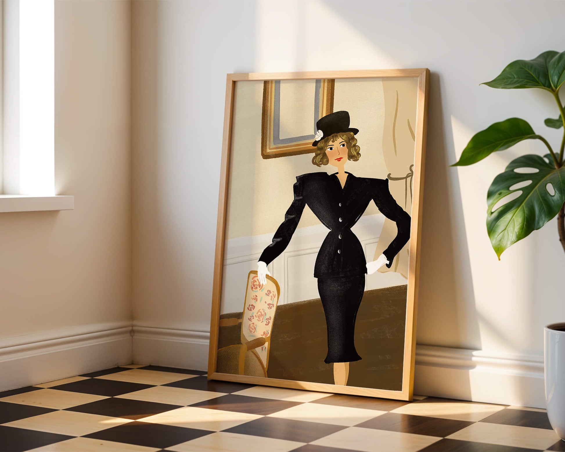 Mujer elegante en moda vintage con traje negro y sombrero